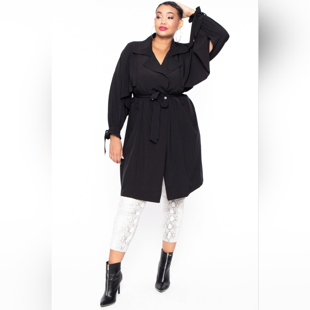 NEW NWOT CurvySense Plus Size Black Luxe Belted French Trench Coat Size 3XL - Picture 2 of 6